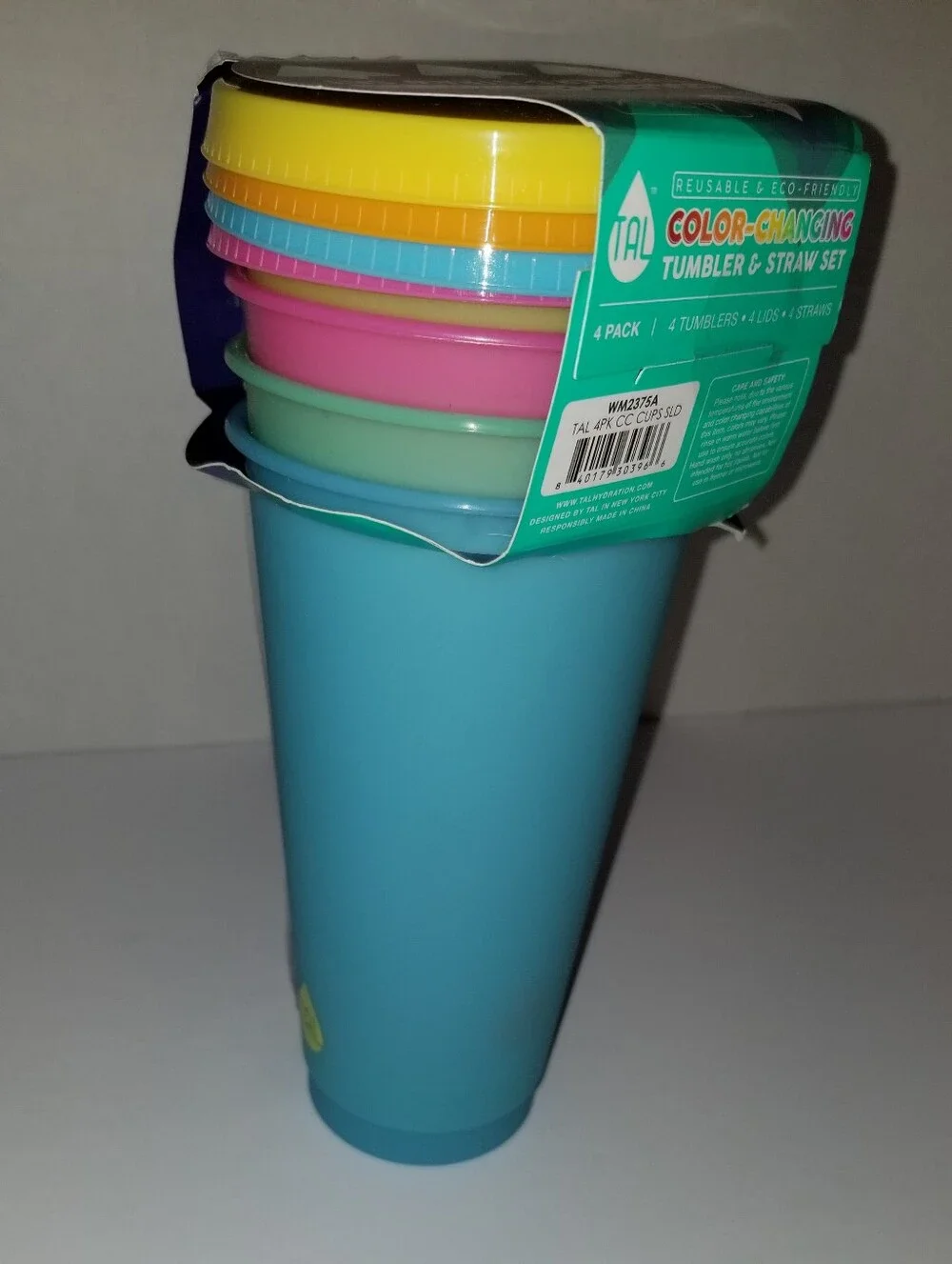 Color Changing Plastic Tumbler Set Lids & Straws Blue Pink Green Yellow
